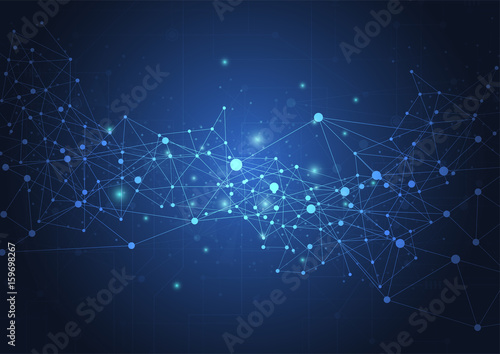 Abstract technology blue glowing connections in space with particles, big data, computer generated abstract background. Vector Illustration © royyimzy