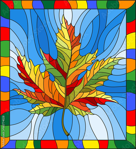 illustration-in-stained-glass-style-with-a-autumn-maple-leaf-on-a-blue-background-in-a-bright-frame