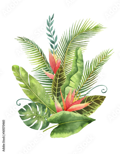 tropische-blatter-und-blumen-des-aquarellblumenstrauses-lokalisiert-auf-weisem-hintergrund