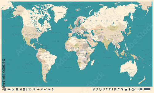 Fototapeta Vintage World Map and Markers - Vector Illustration