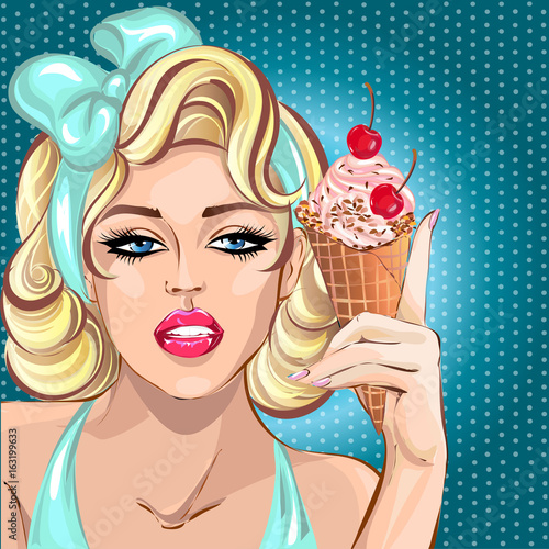 Sexy blonde woman with cherry ice cream, modern pin up style portrait, pop art comic character vector © sofiapink