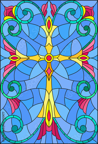 illustration-in-stained-glass-style-with-a-yellow-cross-on-a-purple-background-with-patterns-and-swirls