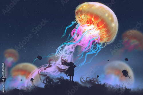 silhouette-girl-looking-at-giant-jellyfish-floating-in-the-sky-digital-art-style-illustration-painting