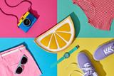 Fashion Summer Hipster Set. Film Camera, Clothes Accessories. Glamor Lemon Citrus Clutch, Trendy fashion Sunglasses. Urban Outfit. Hot summer color. Creative Bright Pop Art Style. Retro Design camera