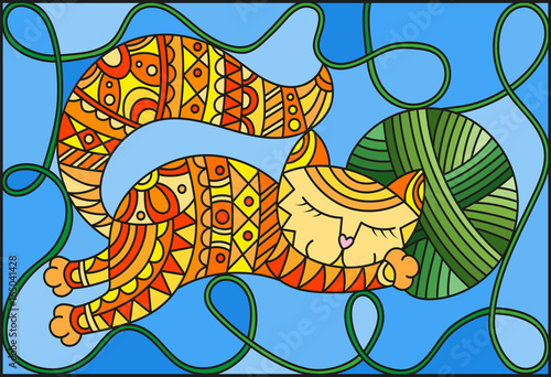 illustration-in-stained-glass-style-with-red-funny-cat-embracing-a-ball-of-green-thread-on-a-blue-background