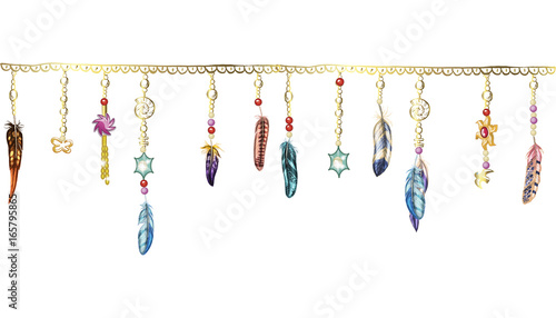 Lacobel Boho elements. Vector illustration with feathers, chain and jewels . Ornamental bird feathers isolated on white.
