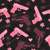 Pink seamless pattern with guns,love, arrow, hearts and flowers. Happy Valentine's Day.