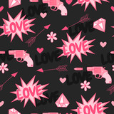 Happy Valentine's Day. Original seamless pattern with guns,love, arrow, hearts and flowers. 