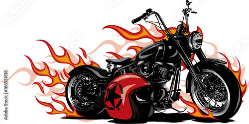 czarny-harley-w-ogniu,-czerwony-kask,-rysunek,-plakat