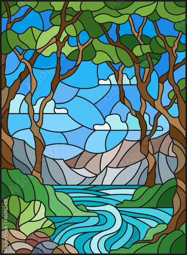 illustration-in-stained-glass-style-with-a-rocky-creek-in-the-background-of-the-sunny-sky-mountains-trees-and-fields
