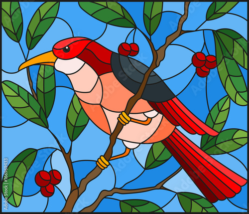 illustration-in-the-style-of-stained-glass-with-a-beautiful-red-bird-on-a-background-of-branch-of-tree-and-sky