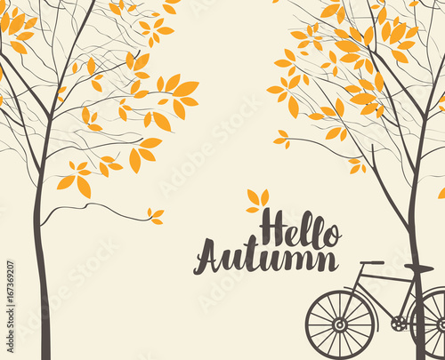 Obraz na płótnie Vector landscape in retro style on the autumn theme with the inscription Hello autumn, trees and bike