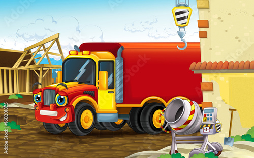 escena-de-dibujos-animados-de-un-sitio-de-construccion-con-camion-pesado-sonriendo-ilustracion-para-ninos