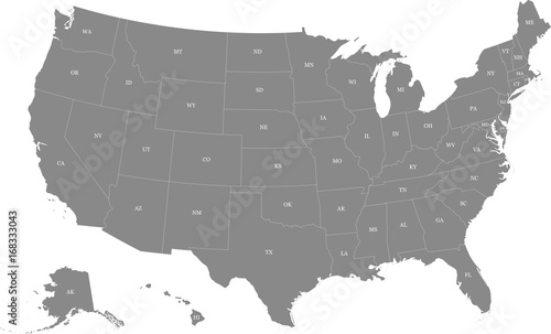 Map of the United States of America split into individual states. Displaying postal codes for each state.