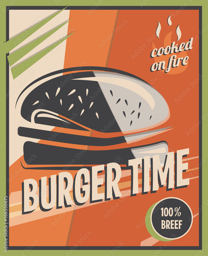 retro-poster-mit-burger-mit-rindfleisch-restaurantkonzept-und-design-vintage-stil-hintergrund-vektor