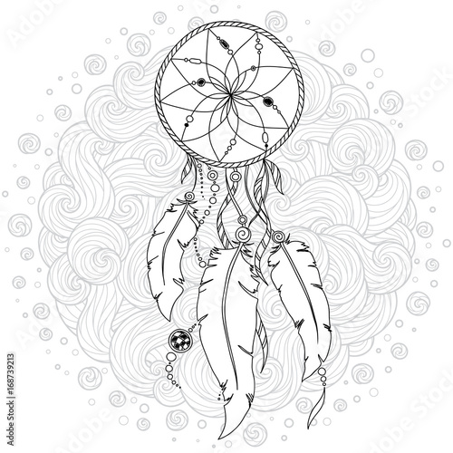 hand-gezeichneter-einfarbiger-dreamcatcher-lokalisiert-auf-weisem-hintergrund