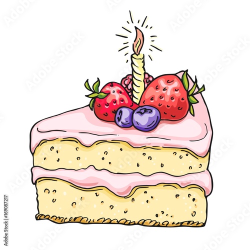Hand Drawn Birthday Cake Colorful Draft Sketch Isolated On White