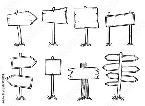 Hand drawn illustration of doodle wood road signs and arrows