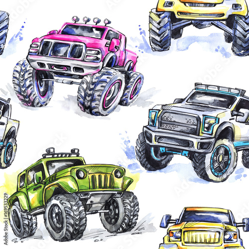 akwarela-bez-szwu-cartoon-monster-trucks-kolorowe-sporty-ekstremalne-tlo-4x4-pojazd-suv-off-road-styl-zycia-man-39-s-hobby-transport