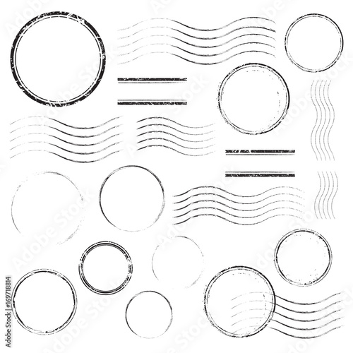 Set of postal stamps and postmarks, black isolated on white background, vector illustration.