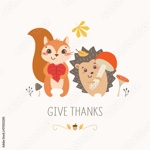 Thanksgiving design with cute happy squirrel and hedgehog. © fireflamenco