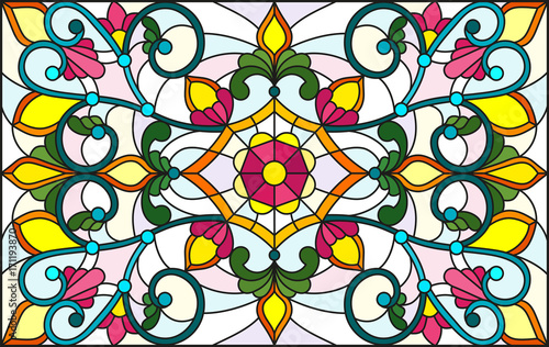 illustration-in-stained-glass-style-with-abstract-swirls-flowers-and-leaves-on-a-light-background-horizontal-orientation