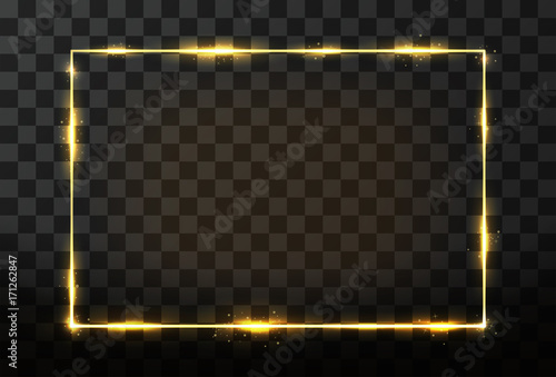 Vector golden frame with glow effect. Neon rectangle frame and glitter effect