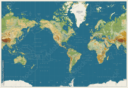Obraz na płótnie World Map Americas Centered Physical Map. Vintage Colors. No bathymetry