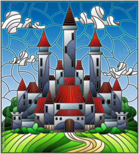 ilustracja-w-stylu-witrazu-z-antycznym-kasztelem-na-tle-chmurny-dnia-niebo