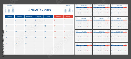 Calendar 2018 week start on Monday corporate design planner template.