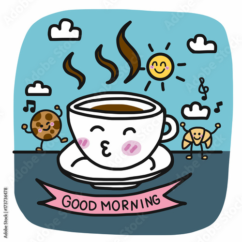 Good morning coffee cup and breakfast friend cartoon vector illustration doodle style