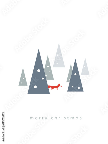 Christmas card vector template with winter landscape and fox between snowy trees. © jozefmicic