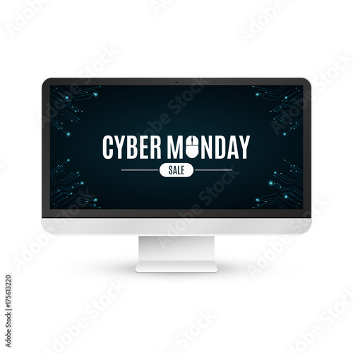 Modern LCD monitor on a white background with an inscription cyber Monday sale. Computer circuit board. Isolated on white background. Computer mouse. Vector