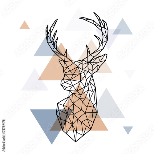  Geometric head of the Scandinavian deer. Polygonal style. Scandinavian style.