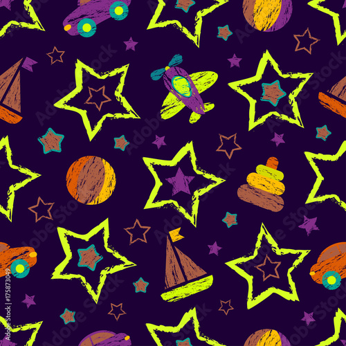 resumen-de-patrones-sin-fisuras-para-ninas-ninos-ropa-fondo-de-vector-creativo-con-pelota-figuras-geometricas-estrellas-automoviles-aviones-fondo-de-pantalla-divertido-para-textil-y-tela-estilo-de-moda-colorido-brillante