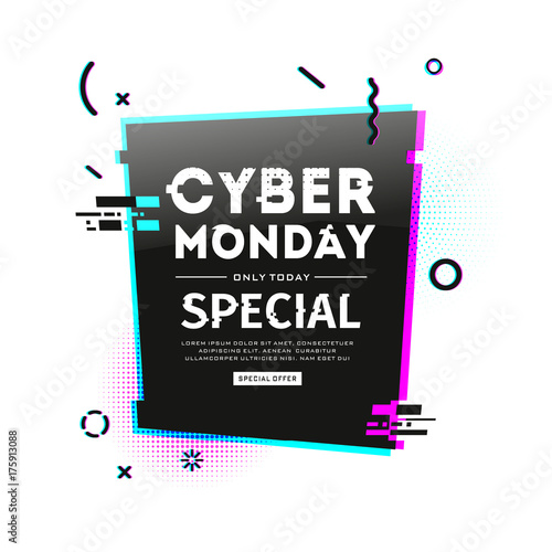 Template design geometric web banner for cyber monday offer. Promotion design in glitch style with geometric particle for cyber sale.