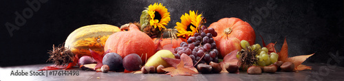 Autumn harvest seasonal fruits and vegetables on grey background.