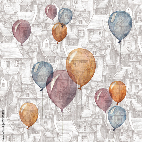 bezszwowy-wzor-z-akwareli-ilustracja-balony-i-stary-miasteczko-na-tle-dachy-europejskie-domy-murowane-i-balony-latajace-romantyczna-bajka