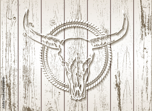  Vector illustration with a wild buffalo skull on a wooden background.
