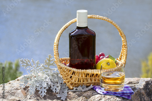 Bottle with glass of whiskey and basket with fruits on rock by river