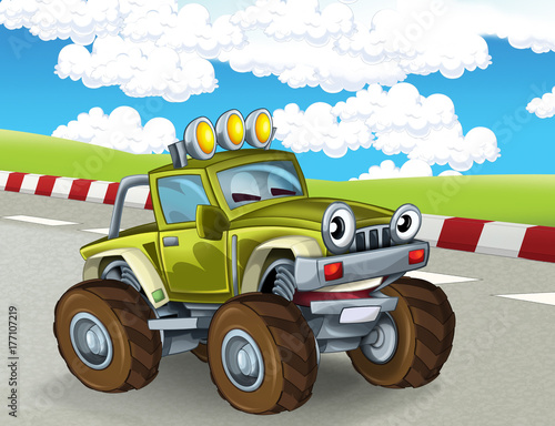escena-de-dibujos-animados-con-happy-monster-truck-sonriente-en-la-ilustracion-de-la-pista-de-carreras-para-los-ninos