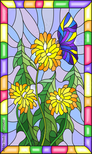 illustration-in-stained-glass-style-flower-of-taraxacum-and-butterfly-on-a-blue-background-in-a-bright-frame