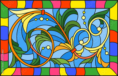 illustration-in-stained-glass-style-with-abstract-swirls-and-leaves-on-a-blue-background-horizontal-orientation