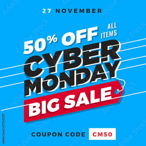 Cyber Monday Super Sale. Up to 50% off Big Sale Sidebar Banner, Poster, Sticker, Badge Advertising Promotion with Price Tag Label Element & Voucher Coupon Gift Code. Fresh Gradient Background Color