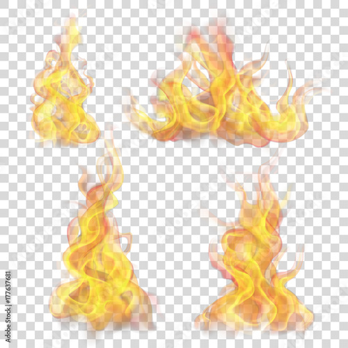 Set of fire flame on transparent background. For used on light backgrounds. Transparency only in vector format