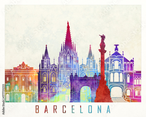 Barcelona landmarks watercolor poster