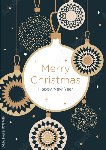 Christmas greeting card. Golden Christmas balls on a dark blue background. New Year's design template with a window for text. Vector flat. Vertical format © Oscar Ghost