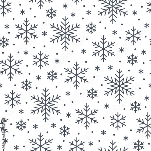 Christmas, new year seamless pattern, snowflakes line illustration. Vector icons of winter holidays, cold season snow flakes, snowfall. Celebration party black white repeated background. © nadiinko