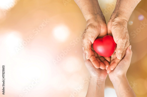 Elderly senior person or grandparent's hands with red heart in support of nursing family caregiver for national hospice palliative care and family caregivers month concept © Chinnapong