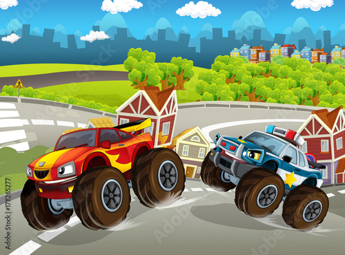 escena-de-dibujos-animados-con-vehiculo-urbano-camiones-monstruo-policia-y-coche-deportivo-ilustracion-para-ninos